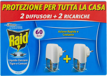 Raid Liquido Elettrico Antizanzare Tigre e Comuni Pacco Promo, Contiene 2 Diffusori e 2 Ricariche, 60 Notti, Inodore