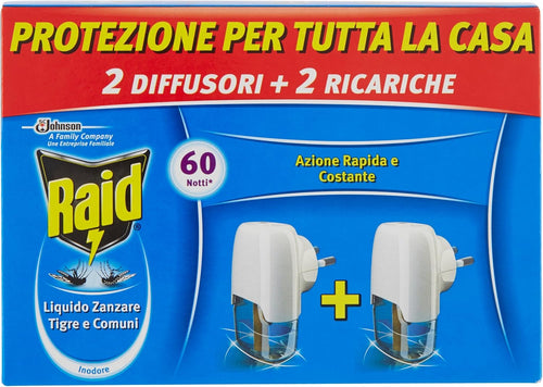 Raid Liquido Elettrico Antizanzare Tigre e Comuni Pacco Promo, Contiene 2 Diffusori e 2 Ricariche, 60 Notti, Inodore