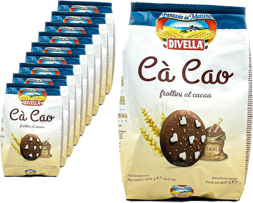 Divella Confezione da 10 Cà Cao frollini al cacao in confezione da 400 g Biscuits Chip Cookies Butter Biscotti con cacao e cristalli di zucchero impreziositi tradizionalmente italiani (dolciumi