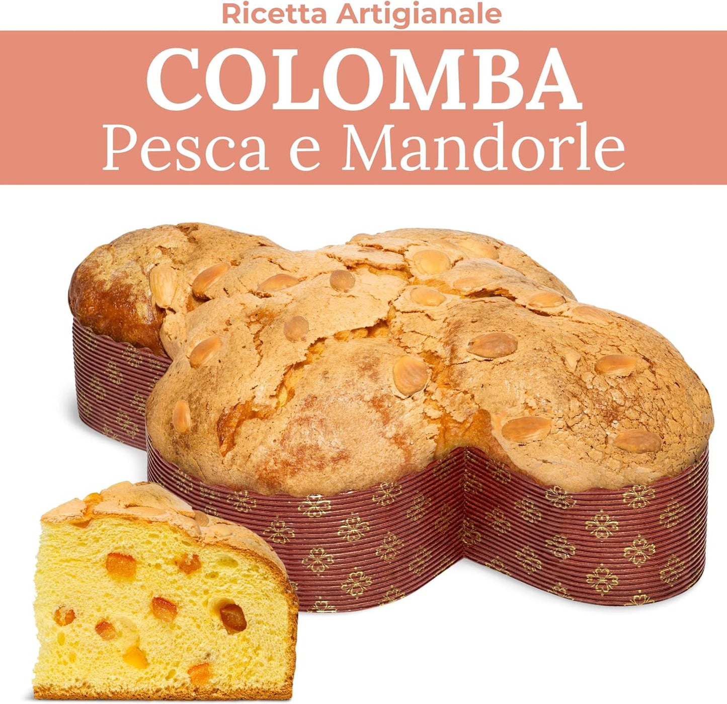 Colomba Artigianale alle Pesche Candite e Mandorle, 750 gr - Pasticceria Fraccaro 1932, Dolce Pasquale con Dolci Pesche Candite, Impasto con Lievito Madre, senza Scorze di Agrumi Canditi, Bauletto