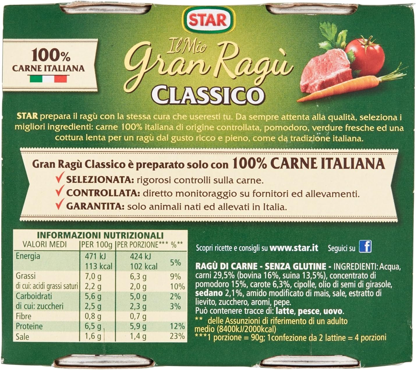 STAR Il Mio GranRagù Classico, 2 x 180gr, ragù preparato secondo la tradizione, 100% carne Italiana controllata e selezionata. Senza conservanti e senza glutine