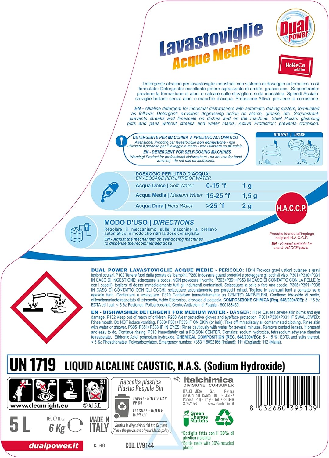 Dual Power Detergente Alcalino HACCP - Igienizzante per Lavastoviglie Industriali con Dosaggio Automatico - Acque Medie