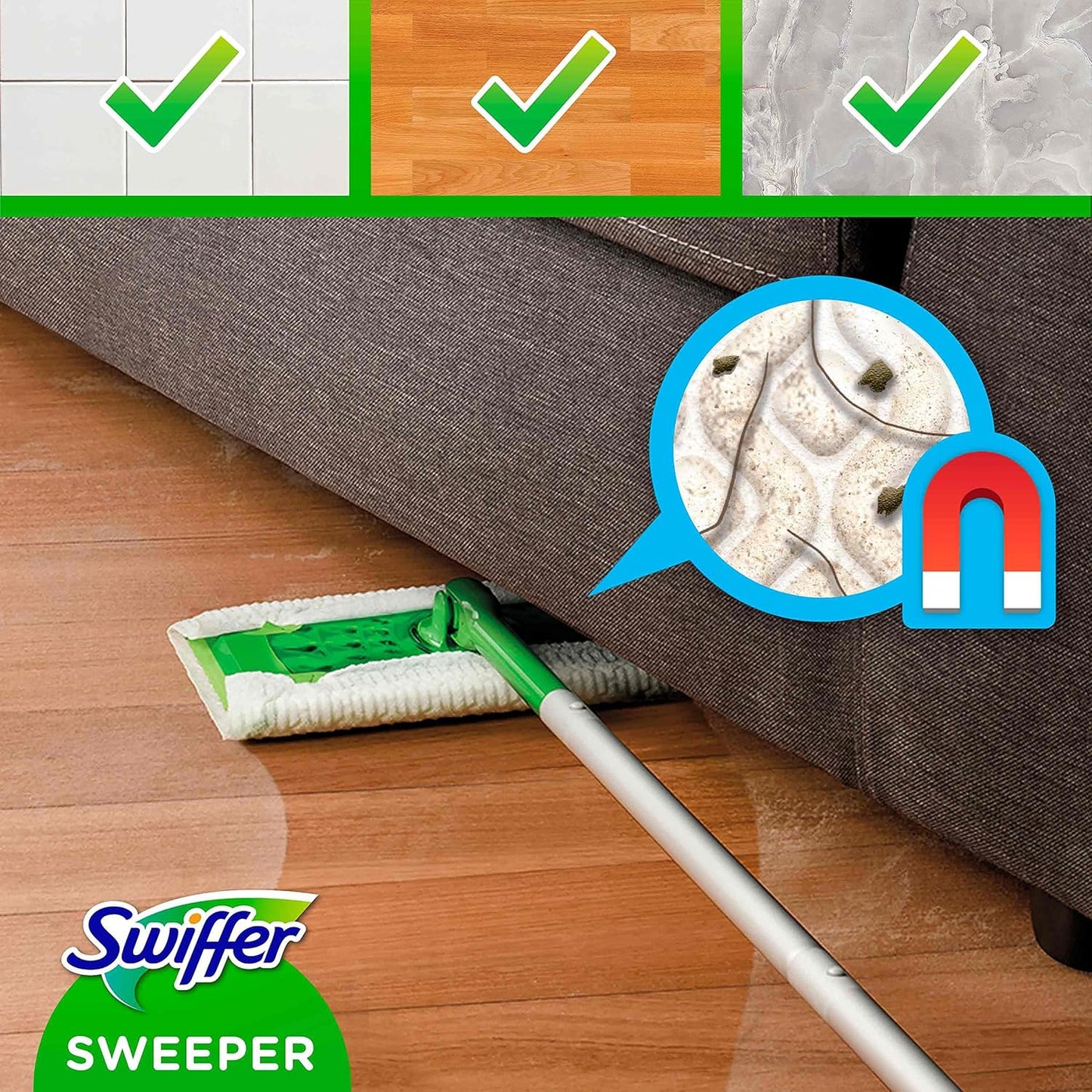 Swiffer Lavapavimenti, 1 Scopa E 8 Panni Microfibra Catturapolvere Dry E 3 Panni Wet, Cattura Polvere E Sporco Con I Suoi Panni In Microfibra, Lava Pavimenti Casa, Rimuove Sporco E Batteri