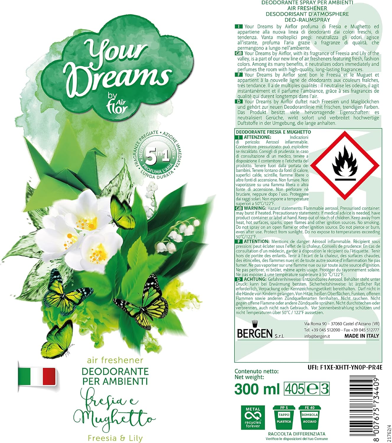 YOUR DREAMS | Profumatore per Ambienti Spray a Base Acquosa, Fresia e Mughetto, 300 ml