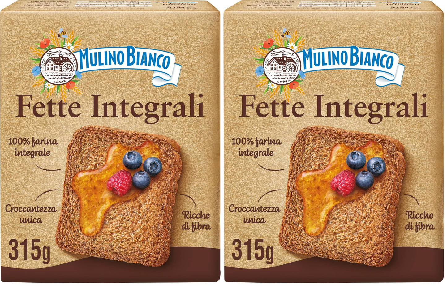 Mulino Bianco Fette Biscottate Integrali, Spesse, Croccanti e Friabili, Senza Olio di Palma, Colazione Ricca di Fibre e Gusto, 315 g (Confezione da 2)