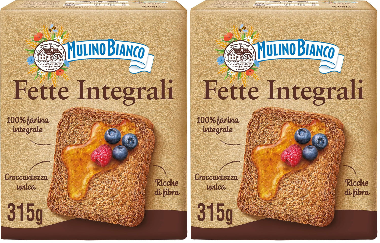 Mulino Bianco Fette Biscottate Integrali, Spesse, Croccanti e Friabili, Senza Olio di Palma, Colazione Ricca di Fibre e Gusto, 315 g (Confezione da 2)