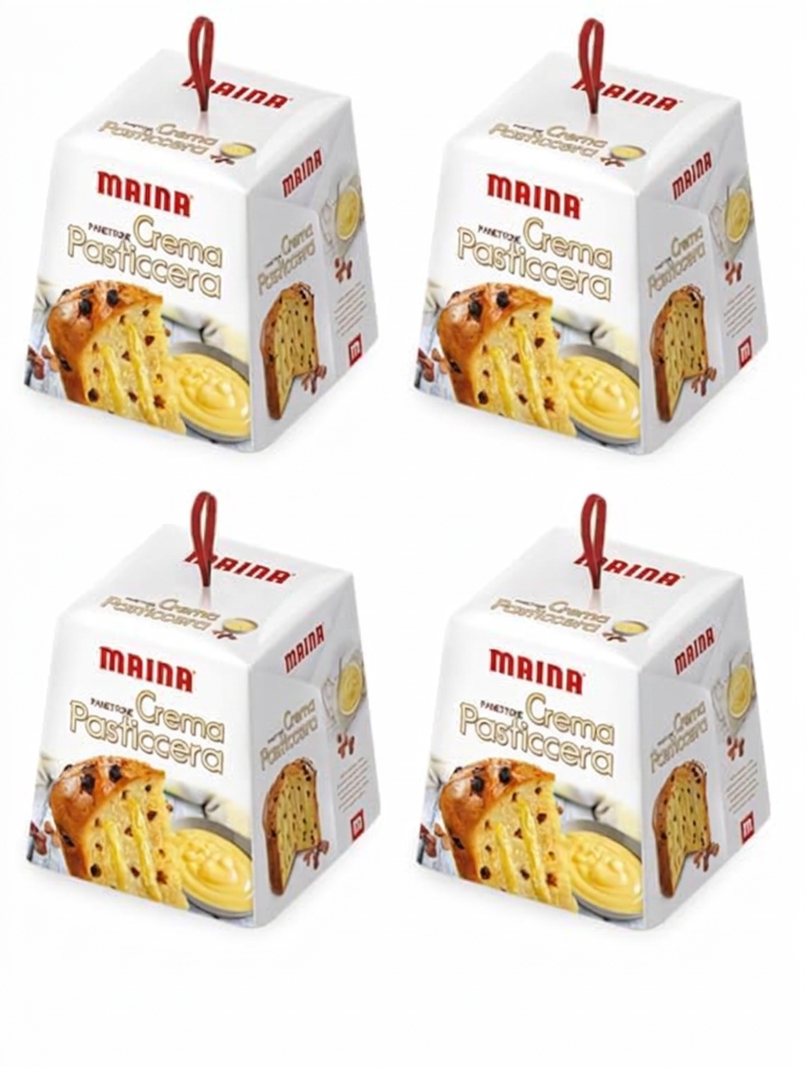 4x Maina Panettone Crema Pasticcera - Dolce Natalizio Tradizionale Italiano - Torta Natalizia con Crema Pasticcera e Uva Sultanina 800g