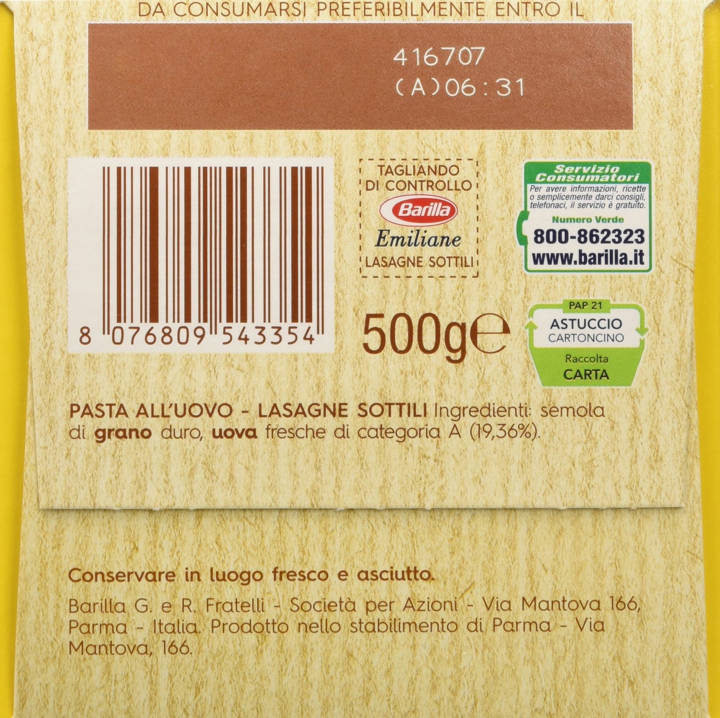 Barilla - Lasagne all'Uovo Le Sottili - 12 confezioni da 500 g [6kg]