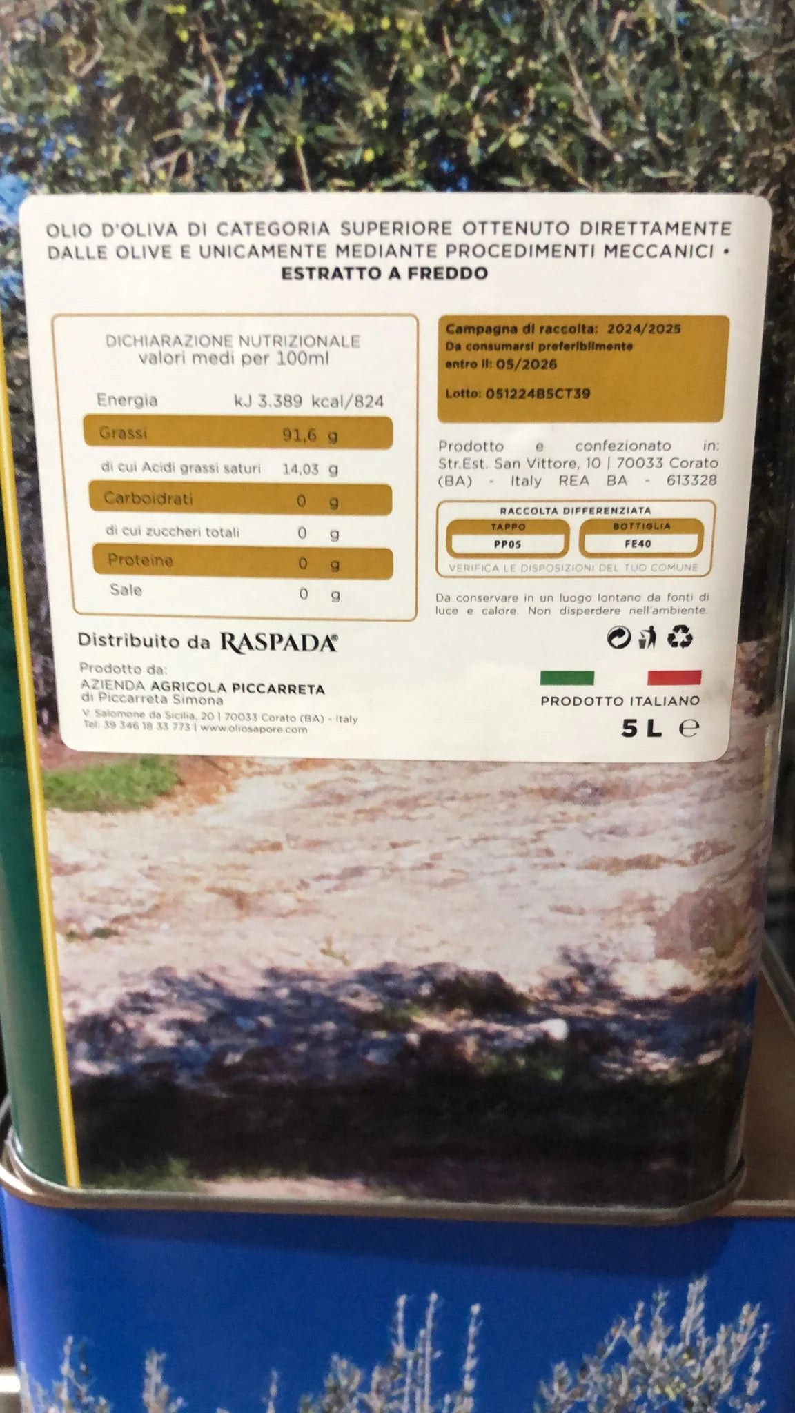 OLIO PICCARRETA OLIO EXTRAVERGINE DI OLIVA LATTINA DA 5 LT NOSTRANO DI PUGLIA