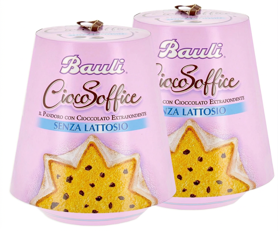 2X Bauli Pandoro CiocoSoffice con Gocce di Cioccolato Extra Fondente Senza Lattosio Lactose Free (2023) 700g [2 Pandori]