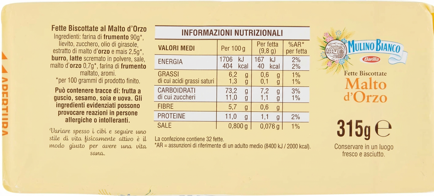 4X Mulino Bianco Fette Biscottate Malto d'Orzo Croccanti e con Farina di Frumento 315g [4 Confezione]