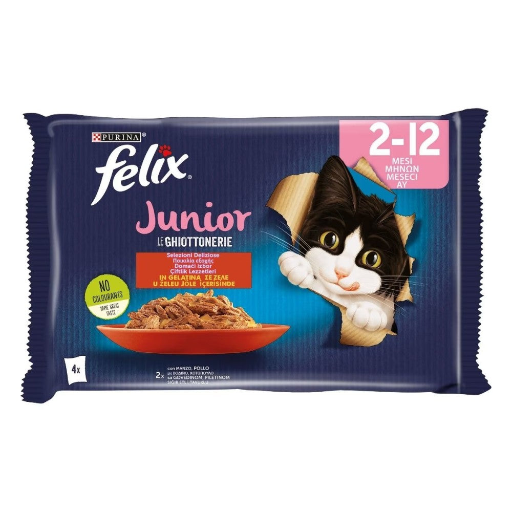 FELIX FELIX Le Ghiottonerie Junior Selezioni Deliziose in Gelatina (Manzo & Pollo) 4 x 85 g
