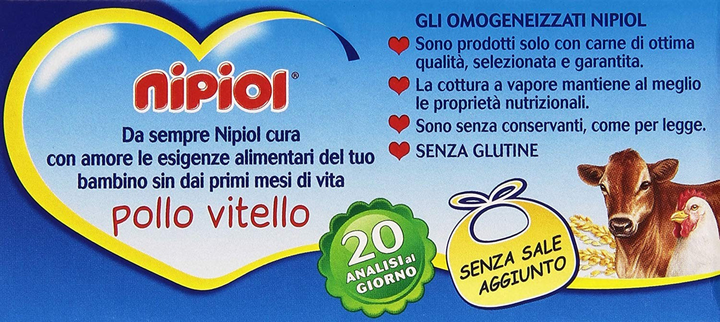 Nipiol - Omogeneizzato con Pollo, Vitello e Cereale, Senza Glutine e Senza Sale Aggunta - Confezione da 2 x80g