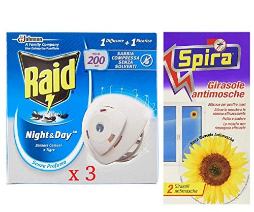 Raid Night & Day 3 confezioni diffusore con ricarica più spira girasole antimosche