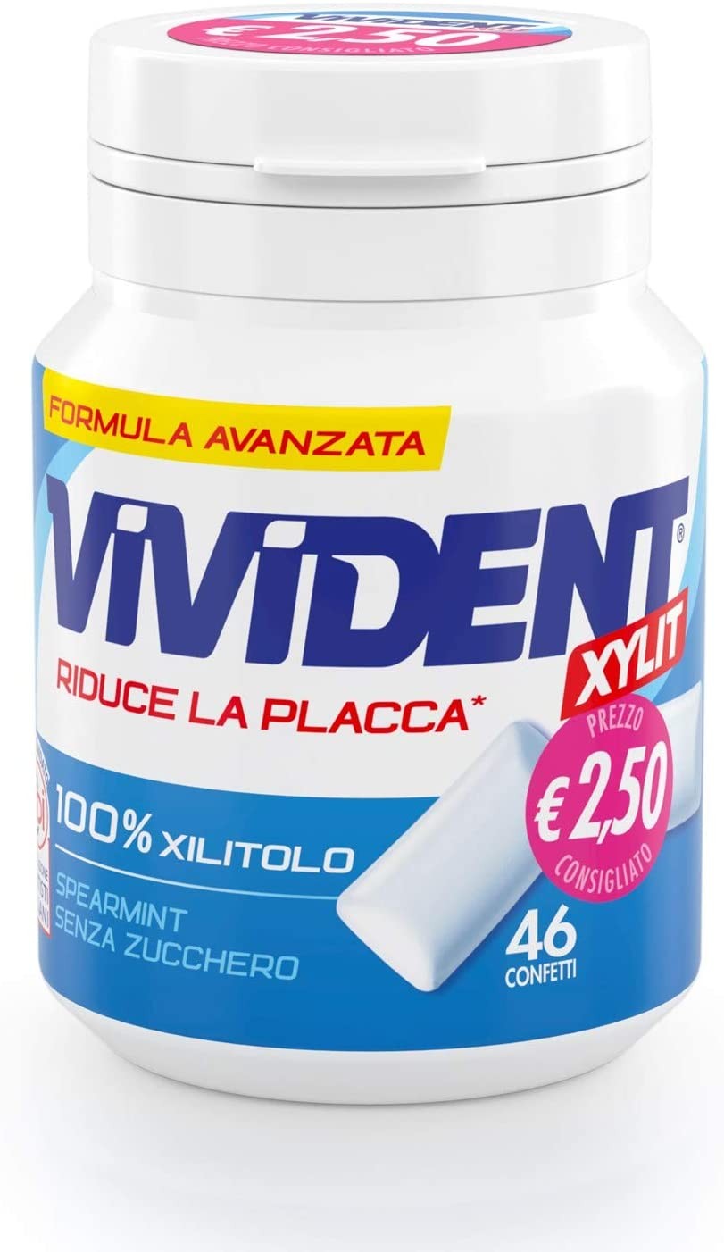 Vivident Xylit White Gomme da Masticare senza Zucchero, Gusto Menta, Confezione da 6 Mini Barattoli, 50 Gomme da Masticare Ciasc