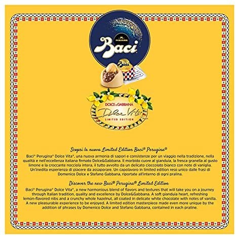 BACI PERUGINA LIMITED EDITION DOLCE VITA Cioccolatini Ripieni con Granella al Gusto Limone e Nocciola Intera Scatola 150g