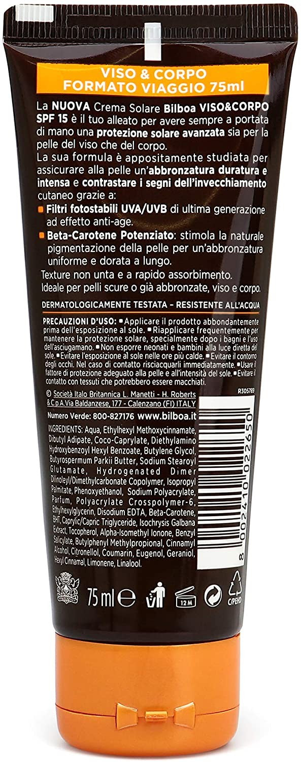 Bilboa Viso&Corpo Crema Viso e Corpo con Protezione SPF 30, Travel Size per Abbronzatura Duratura e Intensa, Contrasta i Segni d