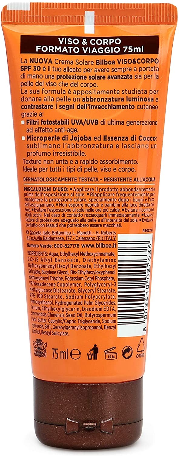 Bilboa Viso&Corpo Crema Viso e Corpo con Protezione SPF 30, Travel Size per Abbronzatura Duratura e Intensa, Contrasta i Segni d