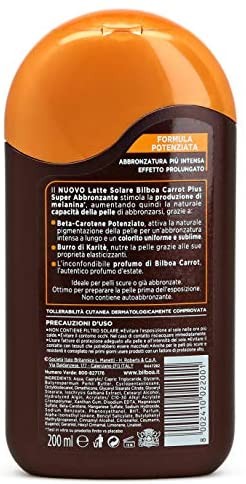 Bilboa Carrot Plus, Latte Solare Super Abbronzante, con Betacarotene e Burro di Karità per una Abbronzatura Intensa e Duratura,