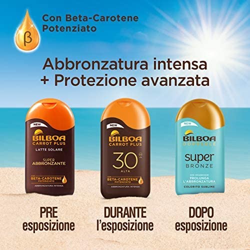 Bilboa Carrot Plus, Latte Solare Super Abbronzante, con Betacarotene e Burro di Karità per una Abbronzatura Intensa e Duratura,