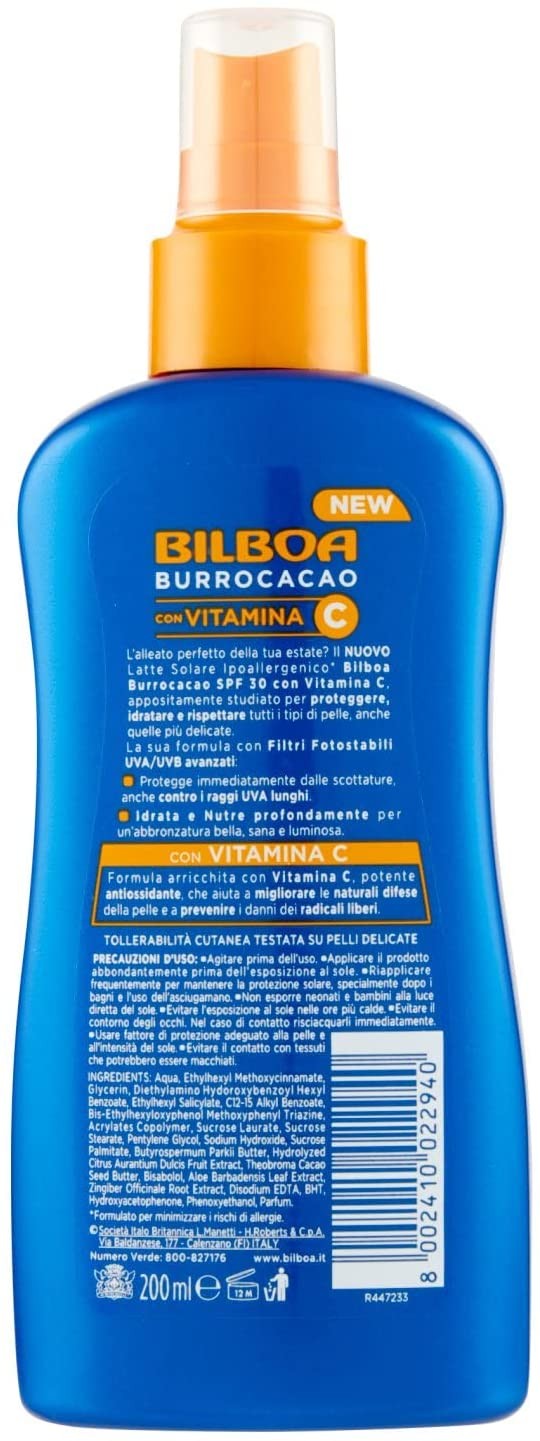 Bilboa Burrocacao Spray Solare No Gas SPF 30, Protezione Solare Alta per Pelli Sensibili, Formula con Vitamina C, Idrata, Nutre