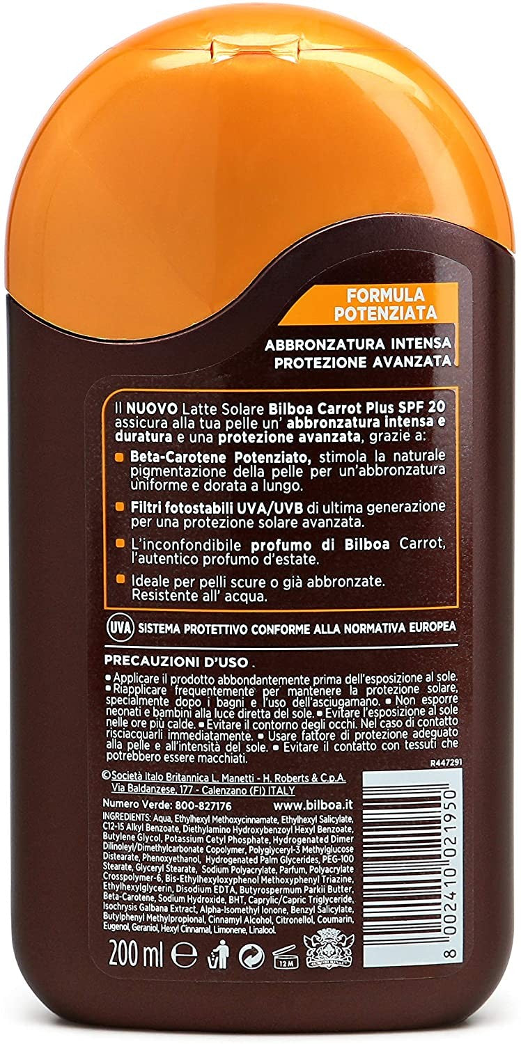 Bilboa Carrot Plus, Latte Solare SPF 20, Abbronzante Corpo, Formula con Betacarotene per una Abbronzatura Intensa e Duratura, Re