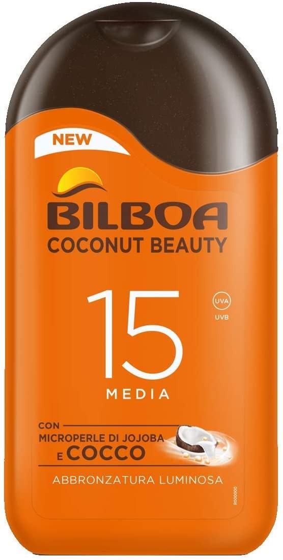 Bilboa Latte Solare Pelle Subito Luminosa e Uniforme con Protezione SPF 15, Latte Solare con Microperle di Jojoba e Cocco, Abbro