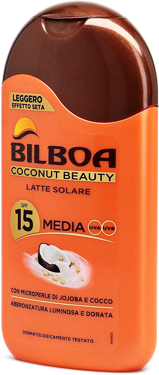 Bilboa Latte Solare Pelle Subito Luminosa e Uniforme con Protezione SPF 15, Latte Solare con Microperle di Jojoba e Cocco, Abbro