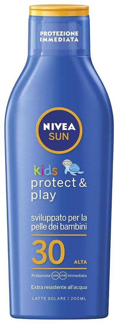 NIVEA SUN Crema Solare Kids Protect & Play FP30 in flacone da 200 ml, Protezione solare per bambini resistente all'acqua, Crema