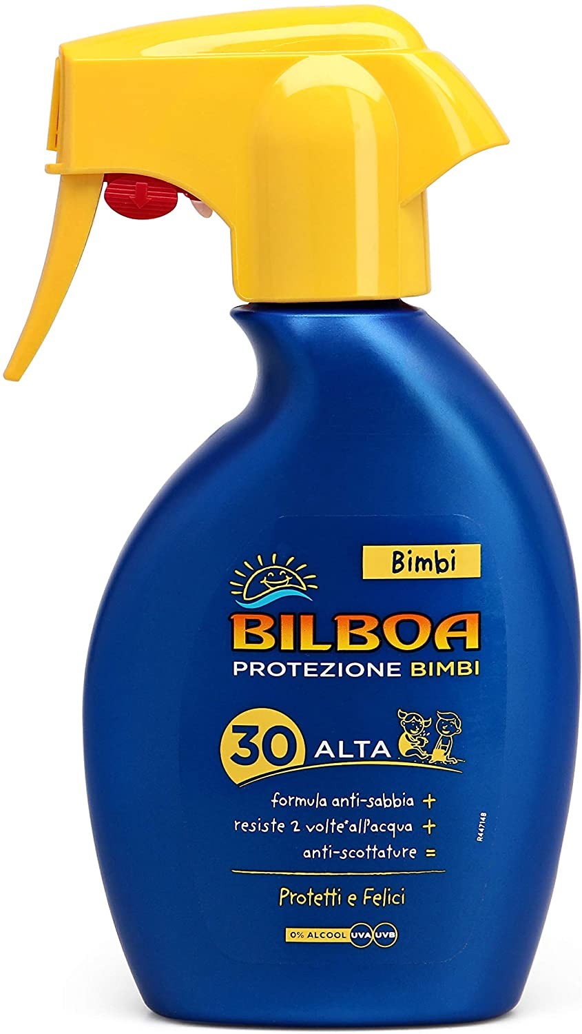 Bilboa Bimbi Trigger Solare Bambini con Protezione SPF 30, Spray Senza Alcool, Formula Anti Sabbia, Resistente all'Acqua e Anti