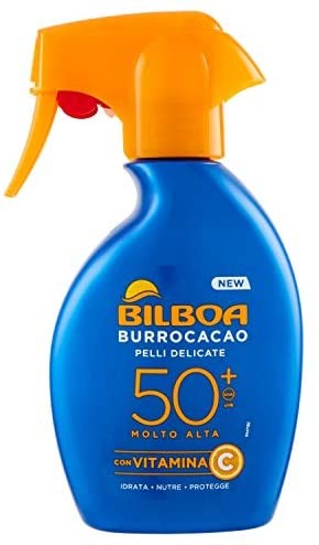 Bilboa Burrocacao Spray Solare Trigger SPF 50+, Protezione Solare Alta per Pelli Sensibili, Formula con Vitamina C, Idrata, Nutr