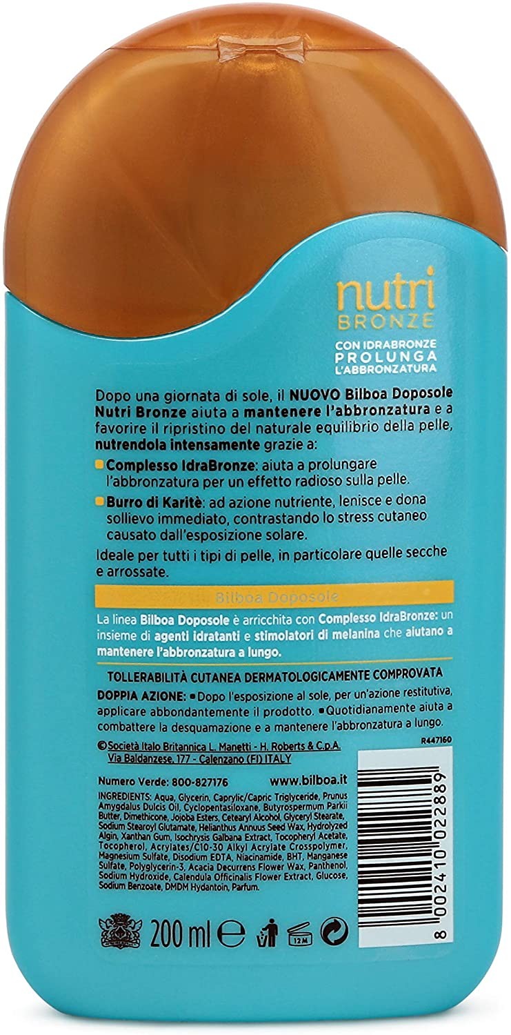 Bilboa Doposole Nutriente Nutribronze con Vitamina C, Doposole Idratante e Nutriente, Ottima per Mantenere l'Abbronzatura a Lung