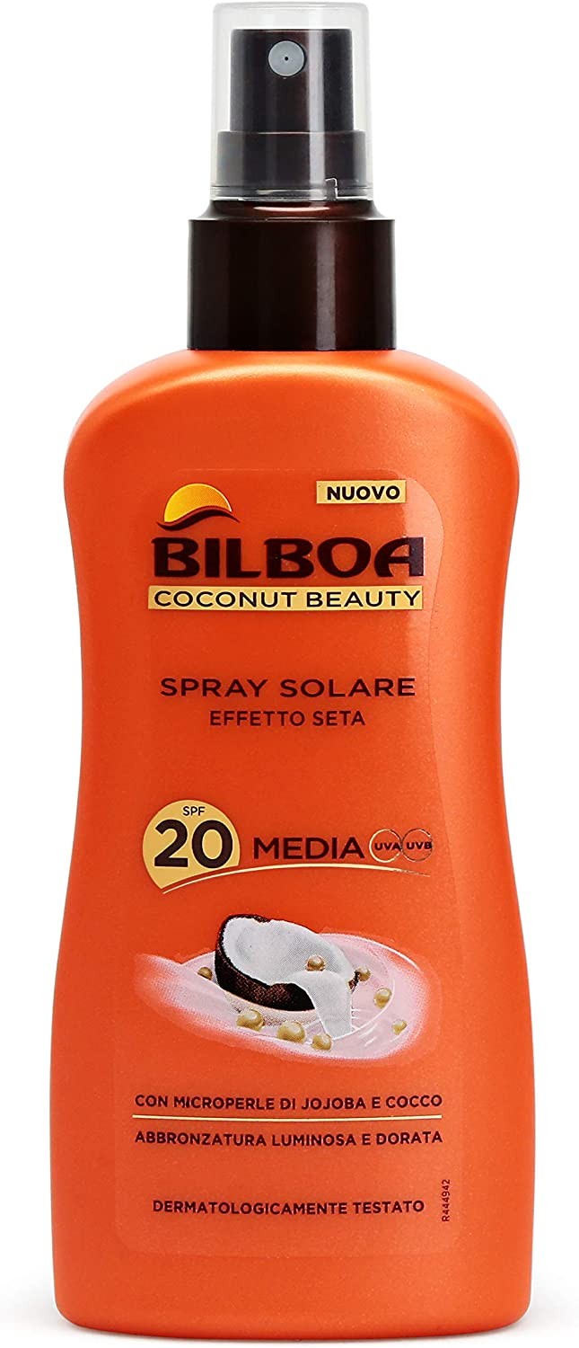 Bilboa Coconut Beauty Spray Solare con Protezione SPF 20, Spray Solare Effetto Seta con Microperle di Jojoba e Cocco, Abbronzatu