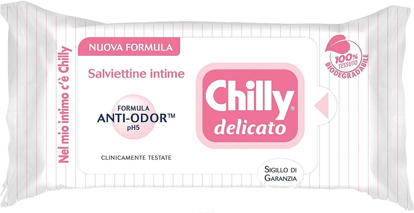 Chilly Salviettine Delicate, Salviette per l'Igiene Intima, Azione Delicata, Tessuto 100 % Biodegradabile, Ottimi Fuori Casa, PH