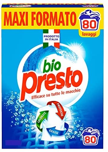 Bio Presto Classico Detersivo Lavatrice in Polvere, 4 agenti Sciogli Macchia, confezione maxi formato, 80 Misurini