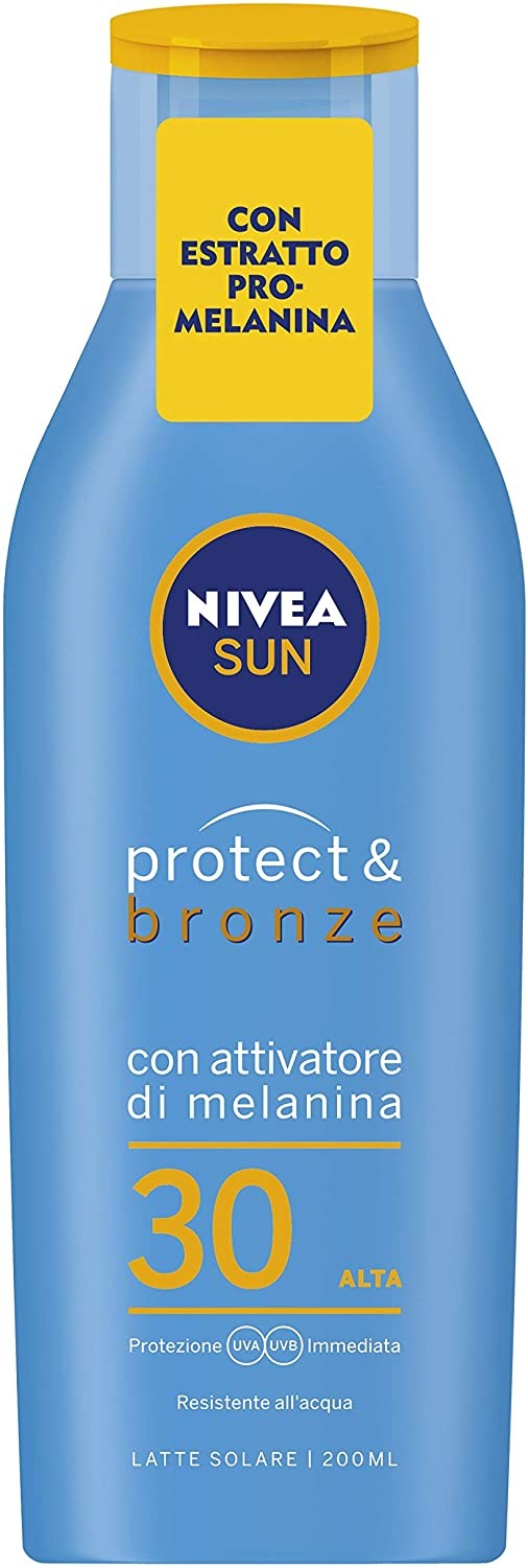 NIVEA SUN Crema Solare Protect & Bronze FP30 in flacone da 200 ml, crema abbronzante e idratante, Latte solare per un'abbronzatu