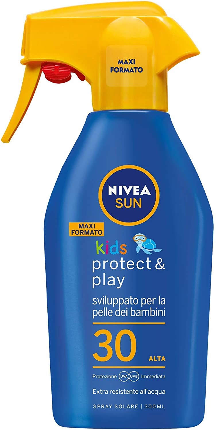 NIVEA SUN Maxi Spray Solare Kids Protect & Play FP30 in flacone spray da 300 ml, Protezione solare per bambini resistente all'ac