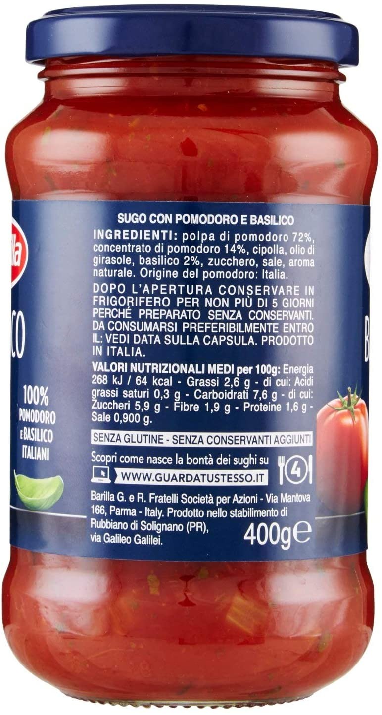 Barilla - Sugo con Pomodoro e Basilico, senza Conservanti - 6 pezzi da 400 g [2400 g]