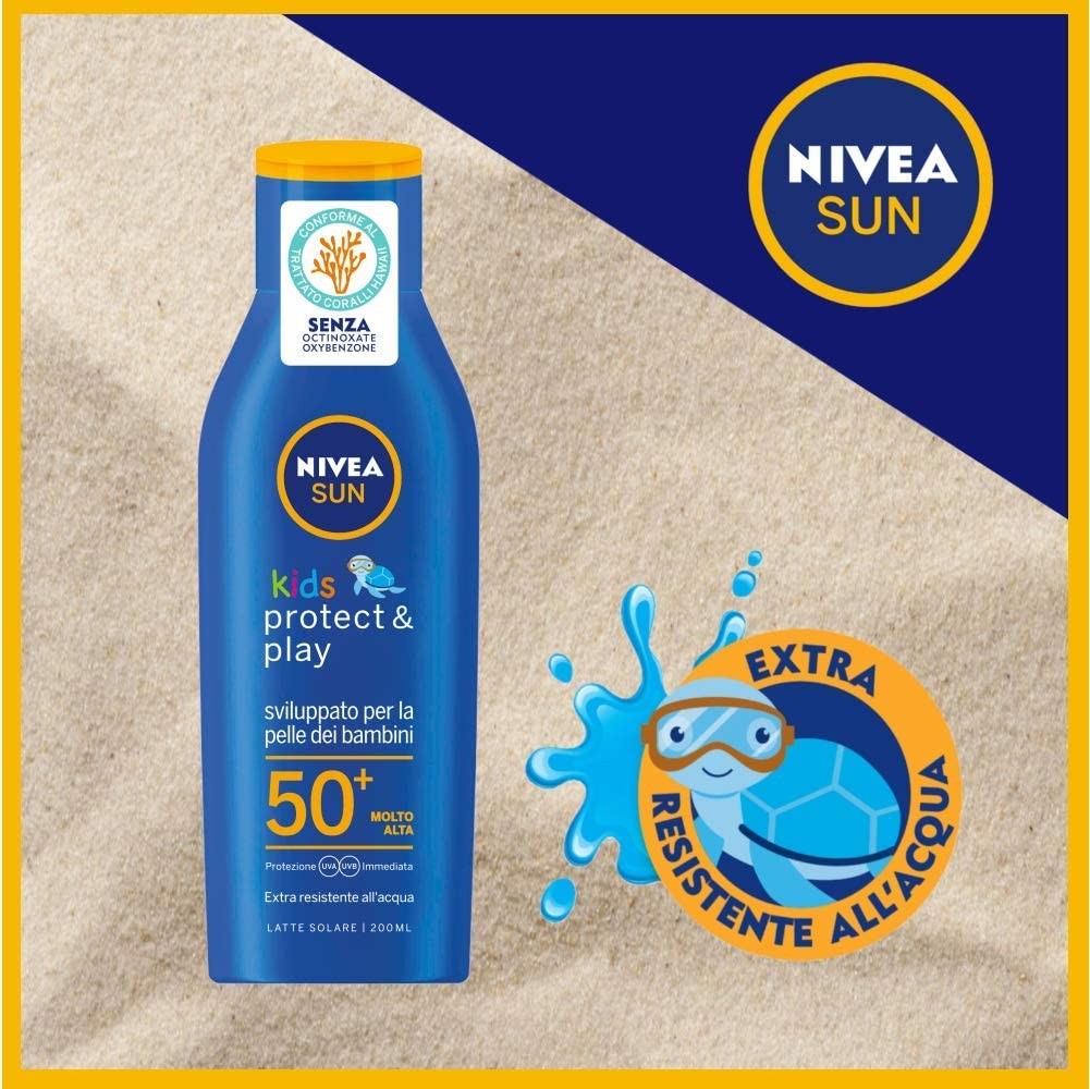 NIVEA SUN Crema Solare Kids Protect & Play FP50+ in flacone da 200 ml, Protezione solare per bambini resistente all'acqua, Crema