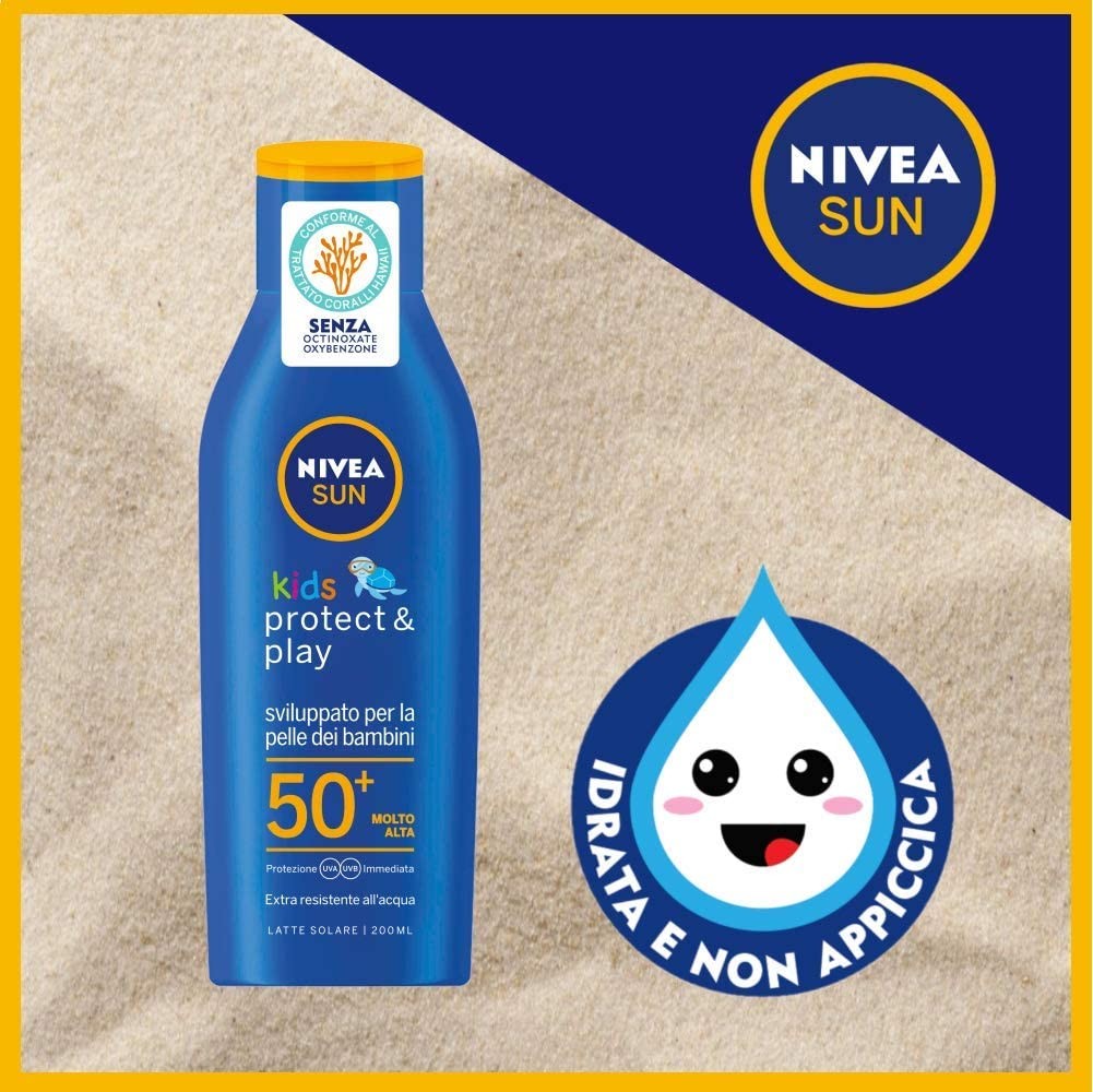NIVEA SUN Crema Solare Kids Protect & Play FP50+ in flacone da 200 ml, Protezione solare per bambini resistente all'acqua, Crema