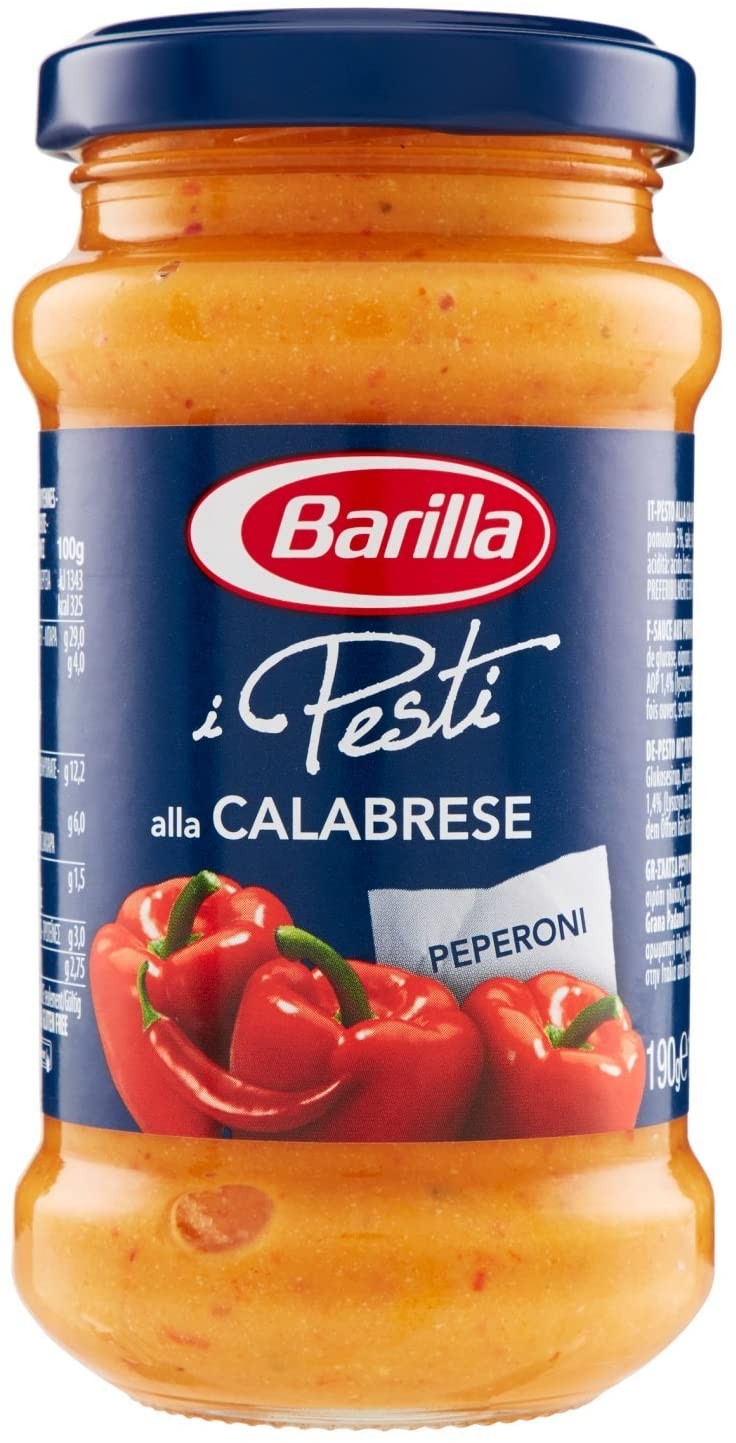 Barilla Pesto alla Calabrese, Sugo Pronto con Peperoni Rossi, Peperoncino, Pecorino Romano DOP, Grana Padano DOP, 190 g