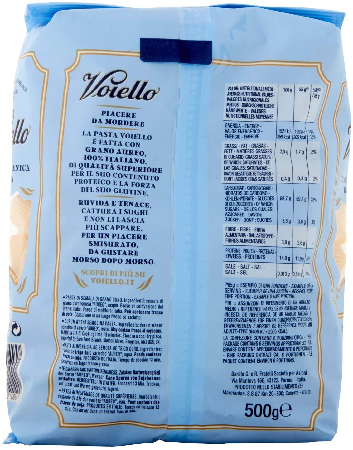 Voiello Pasta Mezze Maniche Rigate N.122, Pasta Corta di Semola Grano Aureo 100%, 500g