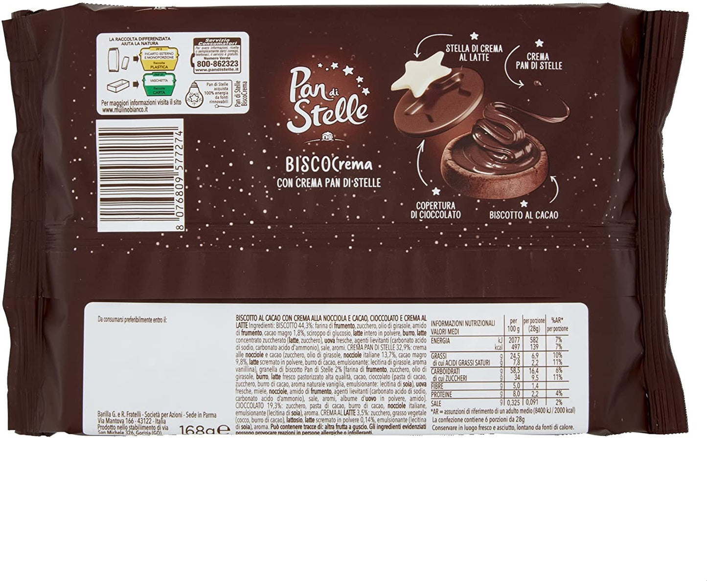Pan di Stelle Biscocrema, Biscotti al Cacao e Nocciola con Crema Pan di Stelle, Copertura di Cioccolato e Crema al Latte,168 g