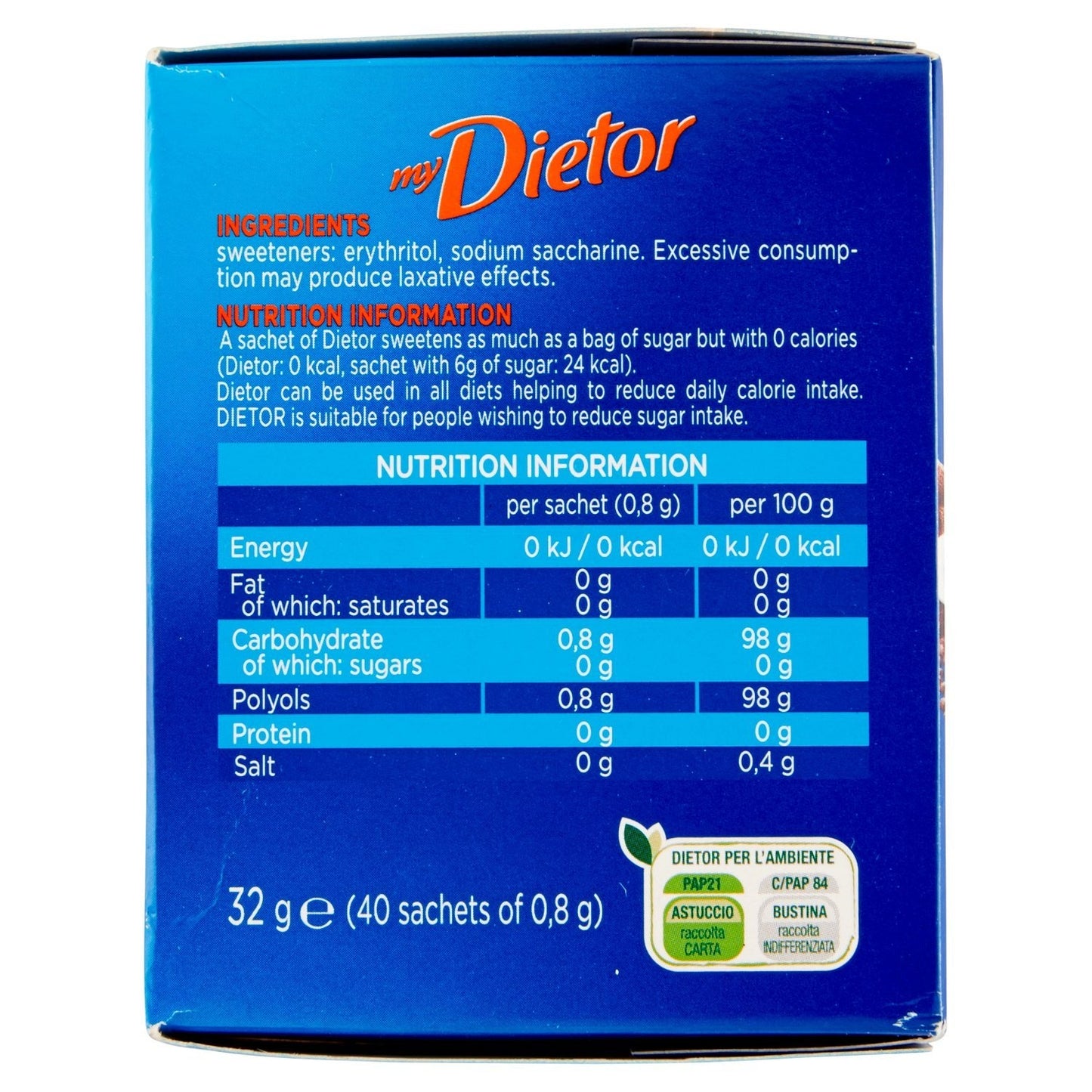 Dietor - Dolcificante, Zero Calorie, Pacco da 40X0.8 g, totale: 32 g - [confezione da 12]