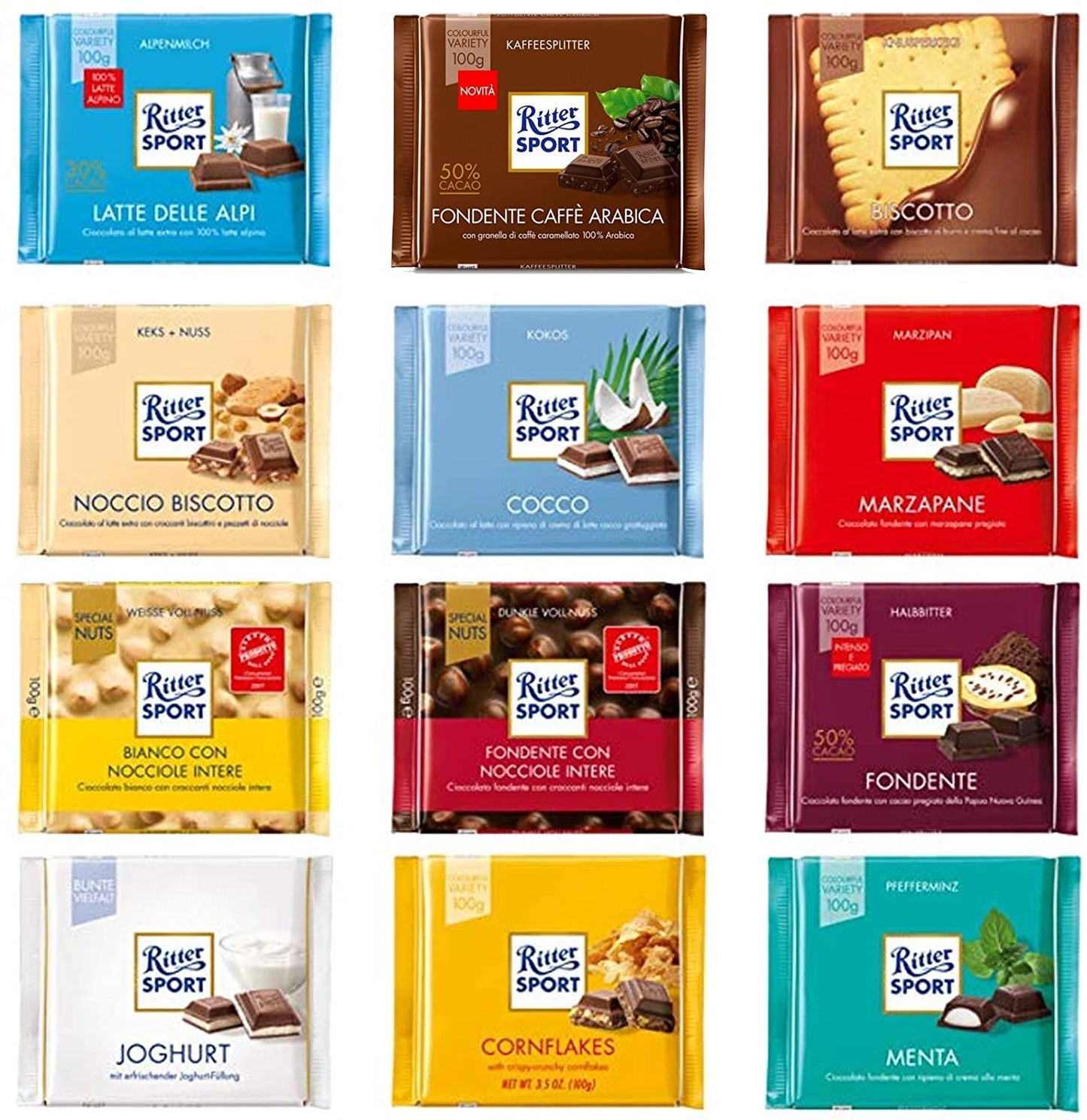 12 TAVOLETTE RITTER SPORT GUSTI ASSORTITI CIOCCOLATO BIANCO LATTE FONDENTE 100gr