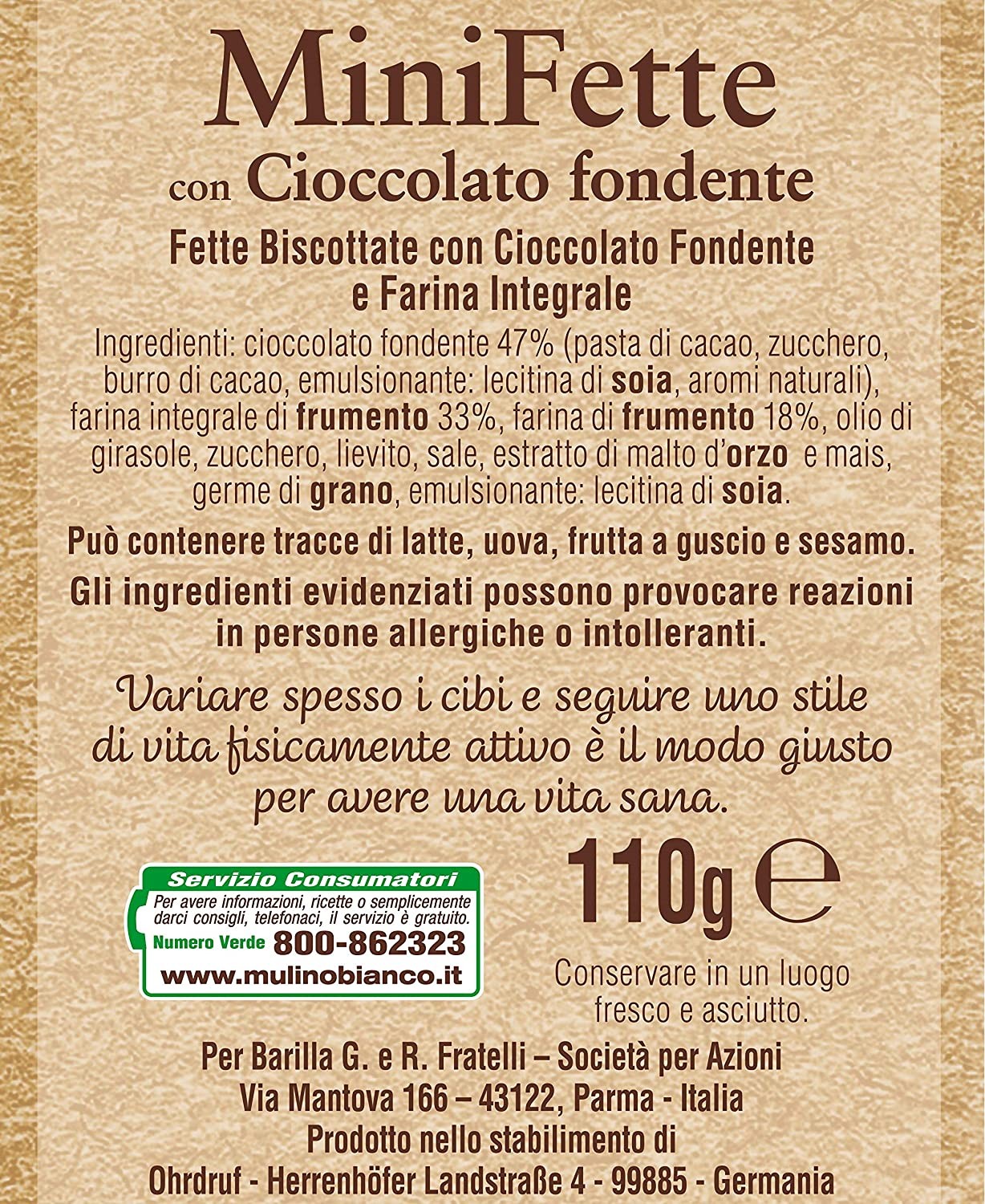 Mulino Bianco Mini Fette Integrali con Cioccolato Fondente, per una Colazione Ricca di Gusto - 110 g