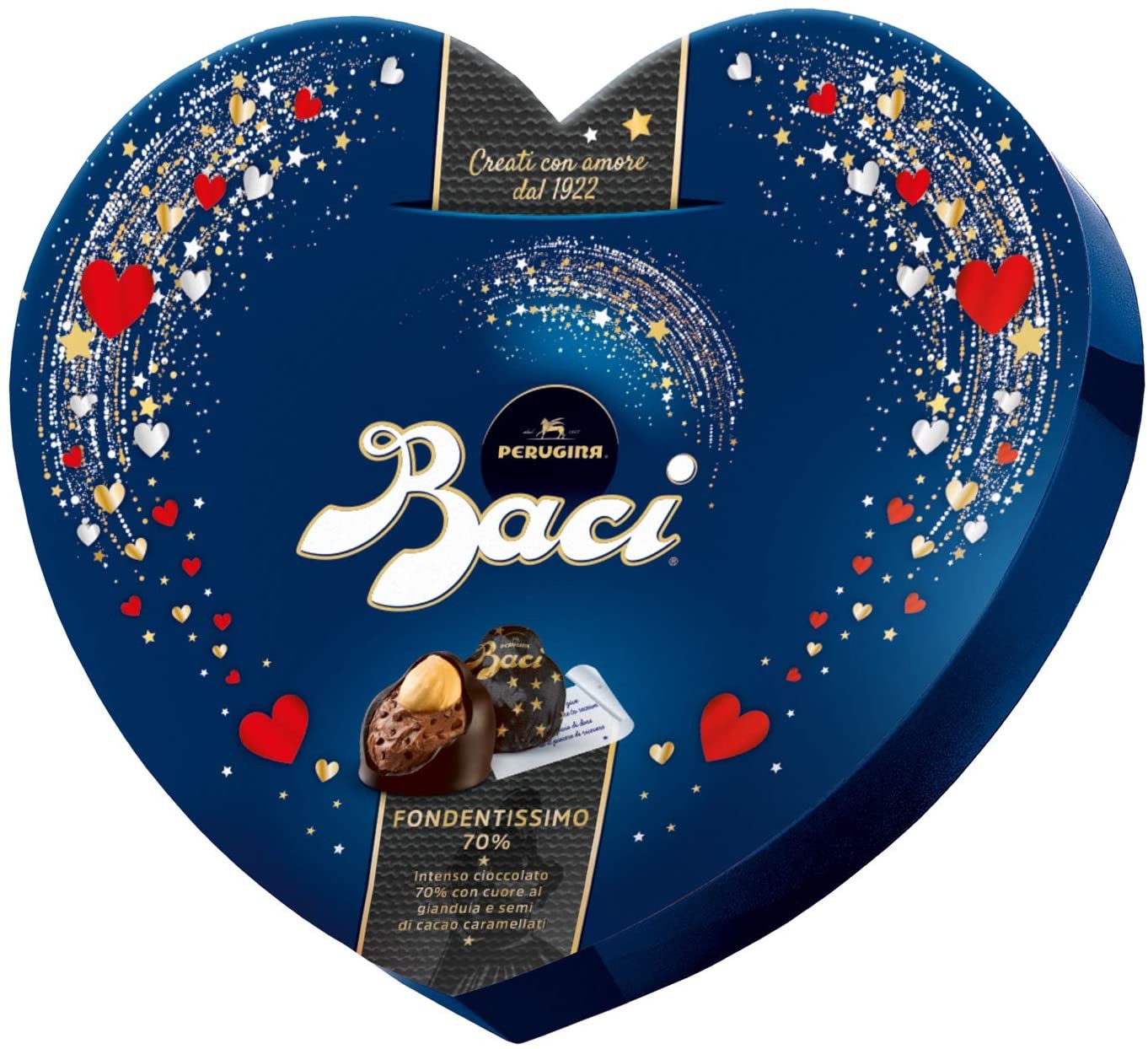 BACI PERUGINA FONDENTISSIMO 70% Cioccolatini Fondenti Ripieni al Gianduia con Nocciola Intera Scatola Cuore 100g