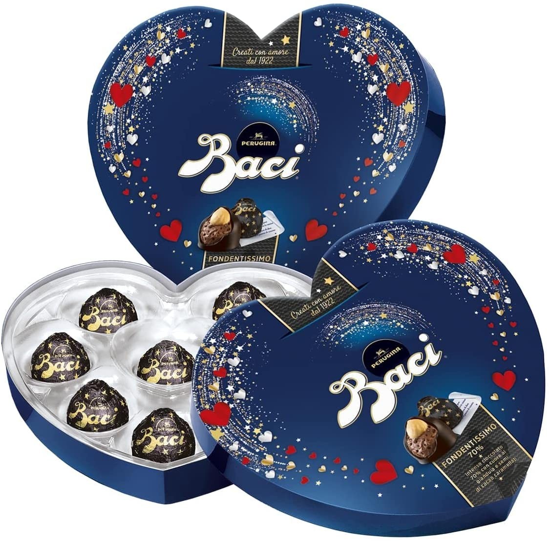 BACI PERUGINA FONDENTISSIMO 70% Cioccolatini Fondenti Ripieni al Gianduia con Nocciola Intera Scatola Cuore 100g