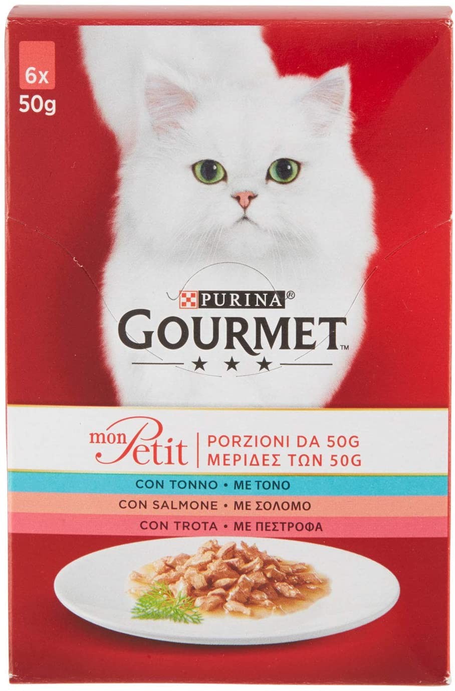 Purina Gourmet Mon Petit Cibo per Gatti con Tonno, Salmone e Trota, 6 x 50g