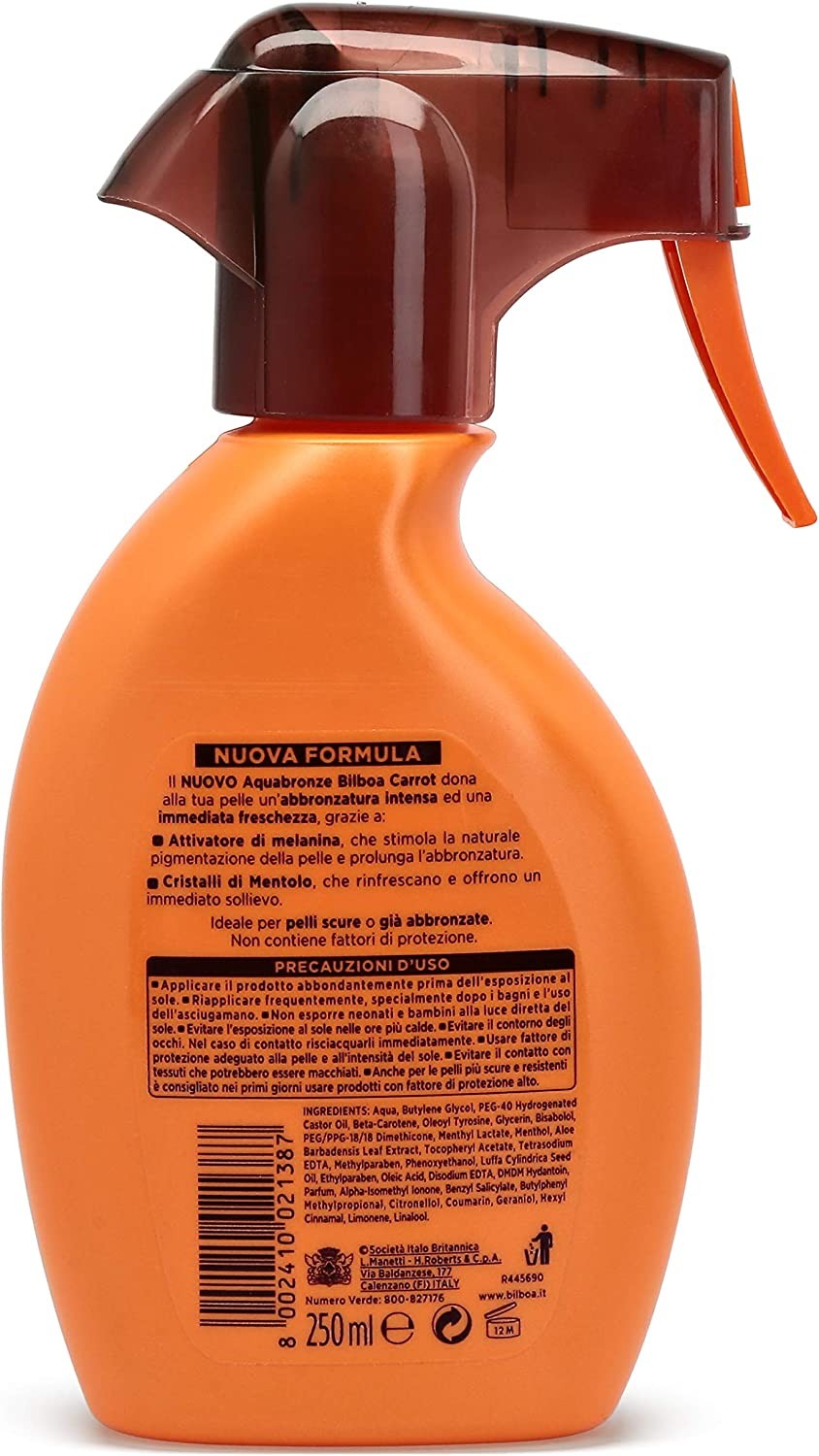 Bilboa Aquabronze Abbronzante Carrot, Acqua Solare Abbronzante con Cristalli di Mentolo e Attivatore di Melanina, Rinfresca la P